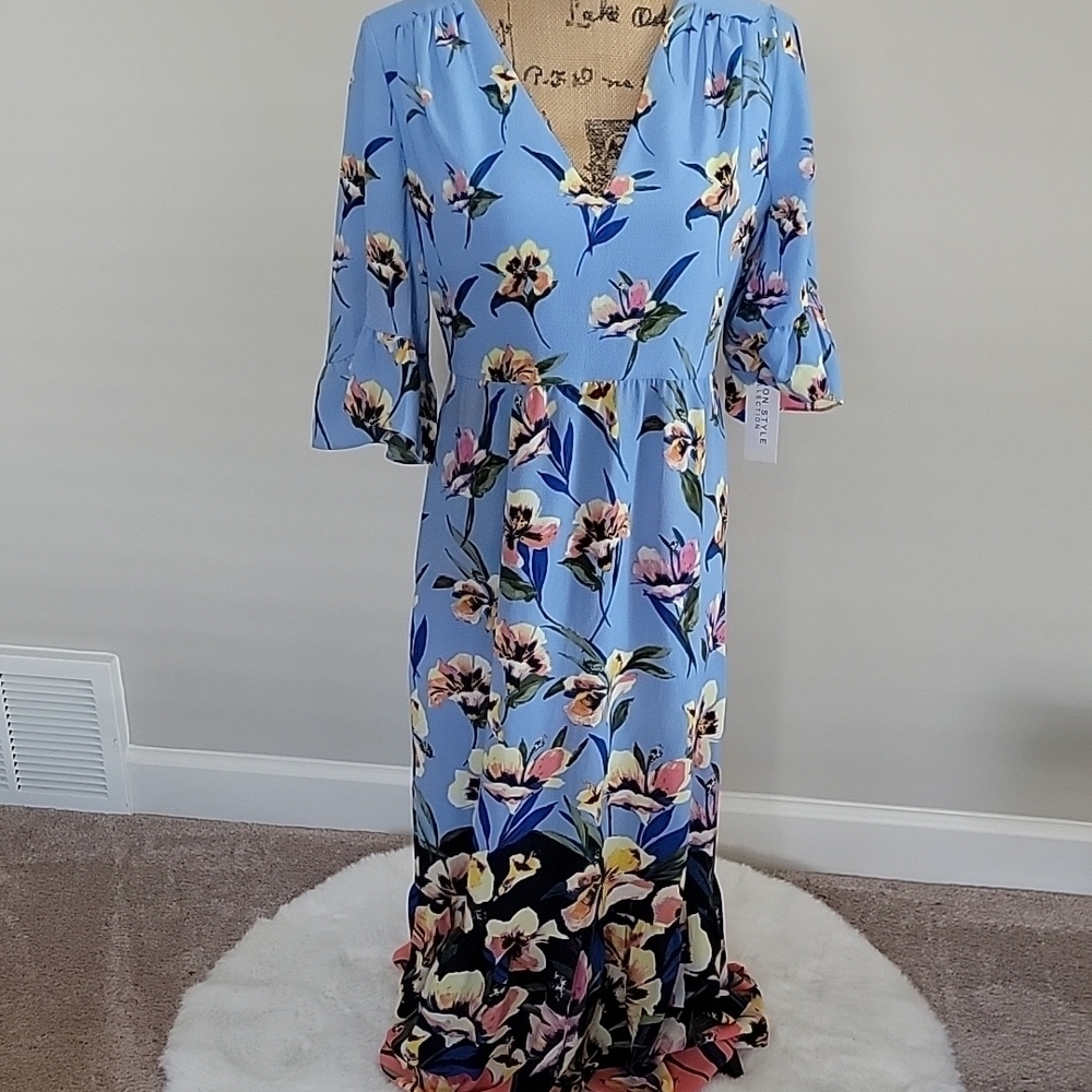 London Style Blue Maxi Sundress with 3/4 Bell Sleeves and V-Neck